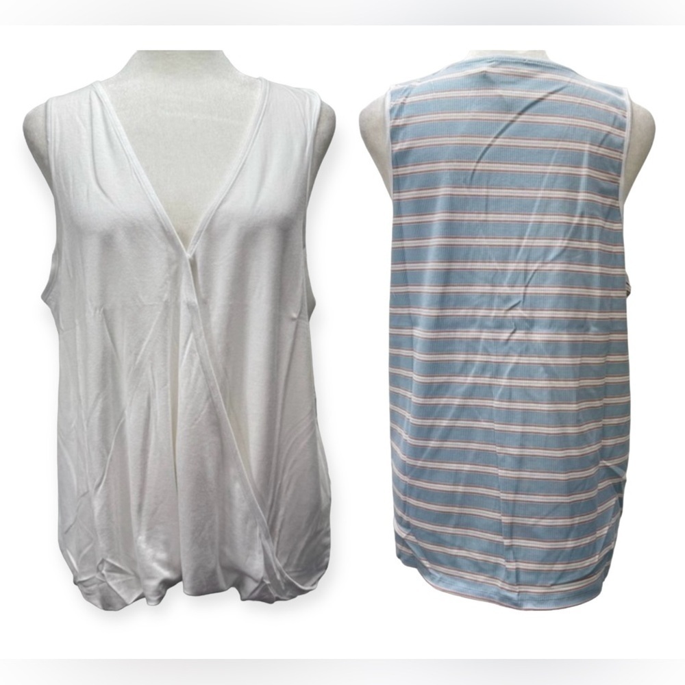 Hem & Thread White Draped Wrap Front Tank with Ribbed Blue Striped Back L NEW